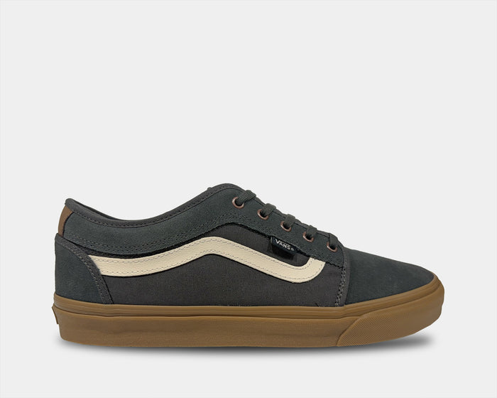Vans Skate Chukka Low Sidestripe shoes in dark gray with beige side stripe, gum sole, and suede detailing, side view.