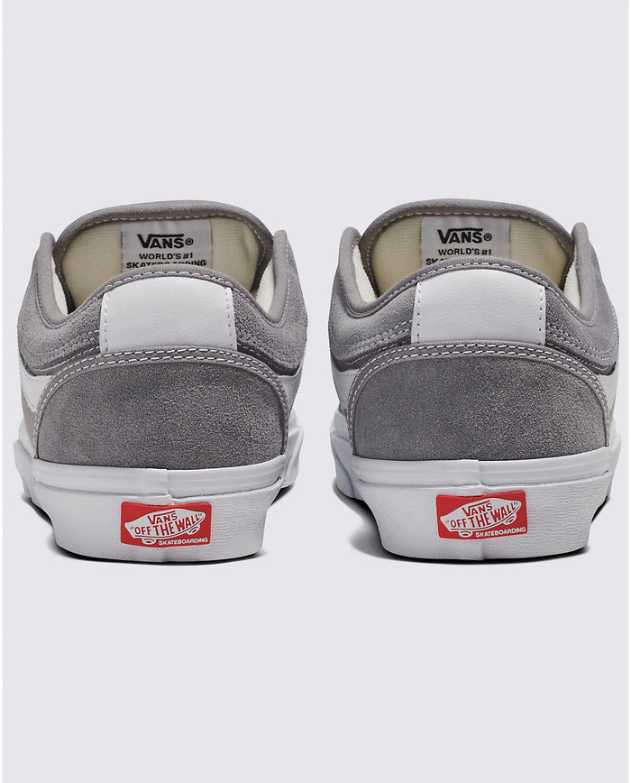 Vans Skate Chukka Low Sidestripe skate shoes in gray suede with white accents and "Off The Wall" heel logo, back view.