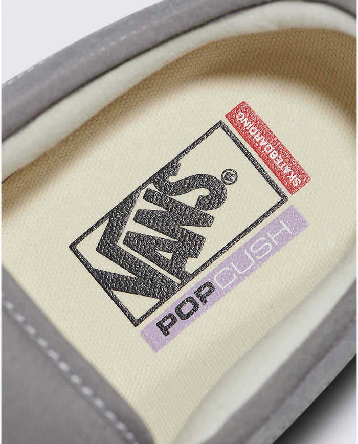 Vans Skate Chukka Low Sidestripe insole close-up highlighting PopCush technology with beige and gray detailing.