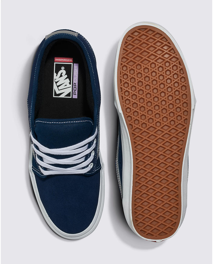 Vans Skate Chukka Low Sidestripe skate shoes in navy blue and white with PopCush insole and waffle outsole, top and sole view.