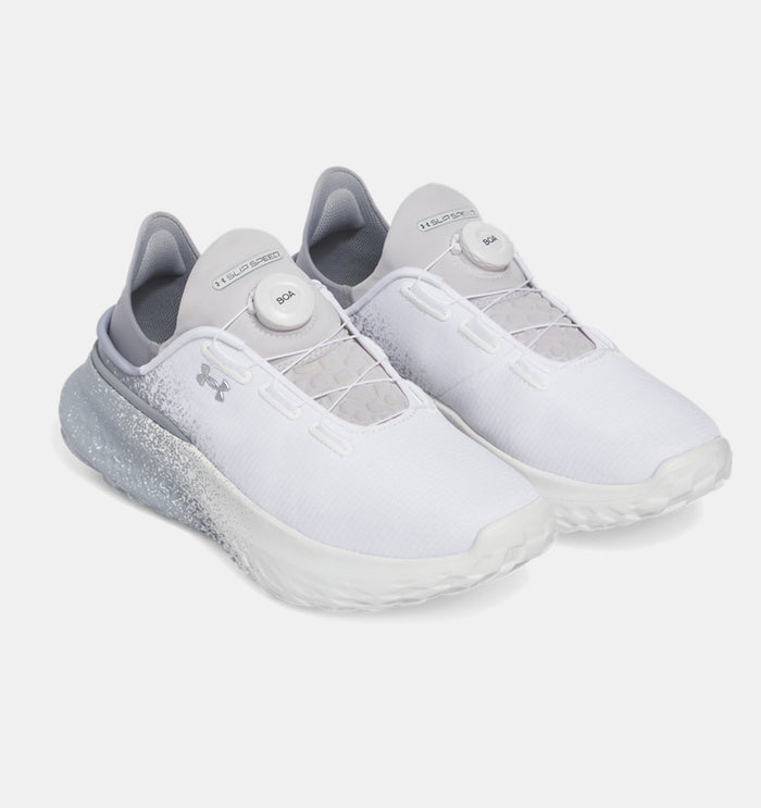 Under Armour SlipSpeed™ Mega Fade shoes in white and gray with BOA Fit System and fade effect on midsole, front angle.