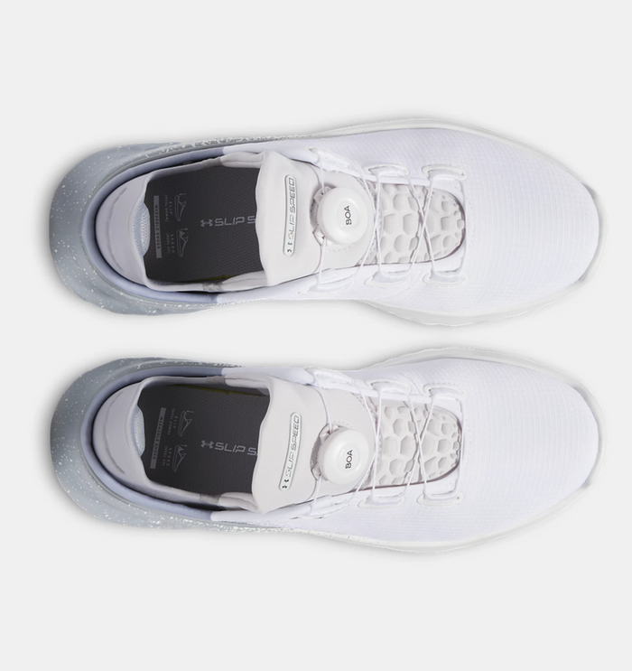 Under Armour SlipSpeed™ Mega Fade shoes in white with gradient blue heel, BOA Fit System, and mesh upper, top view.