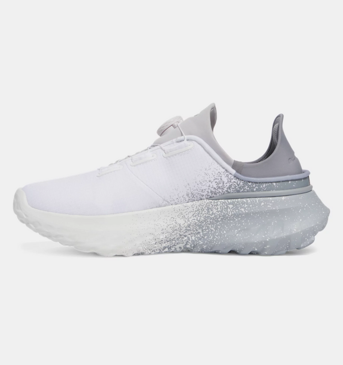 Under Armour SlipSpeed™ Mega Fade sneakers in white and gray with gradient fade detailing, side view.