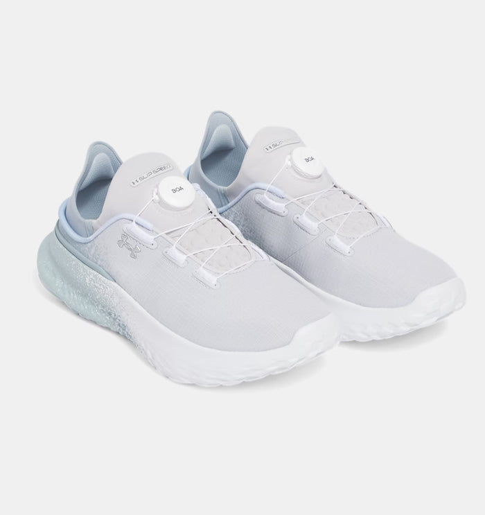 Under Armour SlipSpeed™ Mega Fade shoes in white and light blue with BOA Fit System and textured fade design, front angle view.