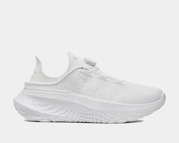 Under Armour SlipSpeed™ Mega Ripstop shoes in white with textured ripstop upper and Flow foam midsole, side view.