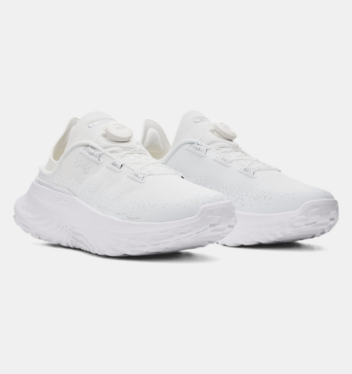 Under Armour SlipSpeed™ Mega Ripstop shoes in all-white ripstop material with BOA Fit System and textured sole, front angle view.