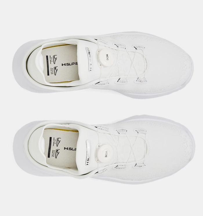 Under Armour SlipSpeed™ Mega Ripstop shoes in white with ripstop textile upper and BOA fit system, top view.