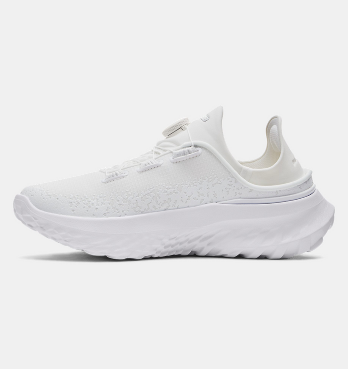 Under Armour SlipSpeed™ Mega Ripstop shoes in all-white with textured ripstop upper and cushioned sole, side view.