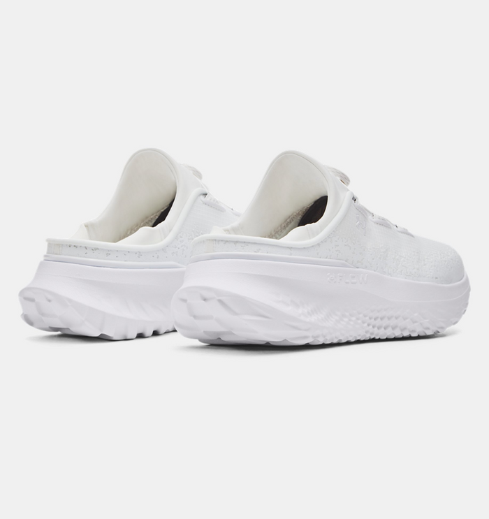 Under Armour SlipSpeed™ Mega Ripstop shoes in white with breathable ripstop upper and cushioned Flow outsole, back angle view.