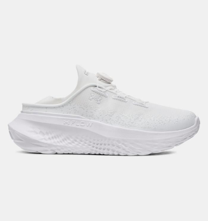 Under Armour SlipSpeed™ Mega Ripstop shoes in all-white with ripstop upper and durable Flow cushioned sole, side view.