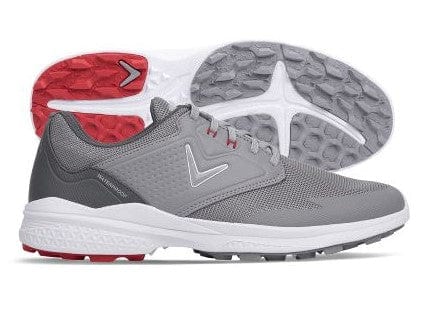 Callaway Solana SL v2 golf shoes in gray with mesh upper, white midsole, red and white spikeless outsole, side view and outsole view.