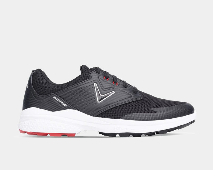 Callaway Solana SL v2 golf shoes in black with mesh upper, waterproof design, white midsole, and red accents, side view.