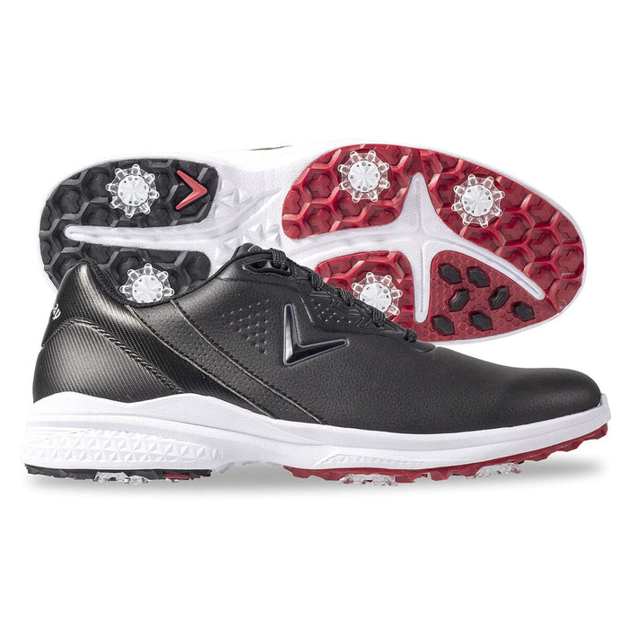 Callaway Solana TRX v2 Golf shoes in black with synthetic leather upper, white midsole, and red spiked outsole, side and sole view.