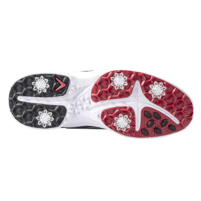 Callaway Solana TRX v2 Golf shoes outsole showing spiked traction system with black and red rubber sections and white detailing.