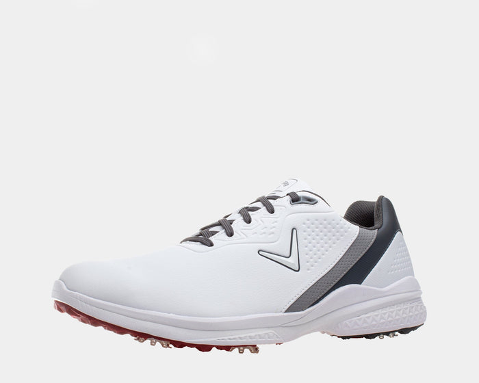 Callaway Solana TRX v2 golf shoes in white with gray accents, spiked outsole, and textured synthetic upper, side view.