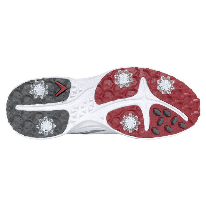 Callaway Solana TRX v2 Golf shoes outsole view showing multi-colored grip zones in red and gray with cleats and textured tread design.