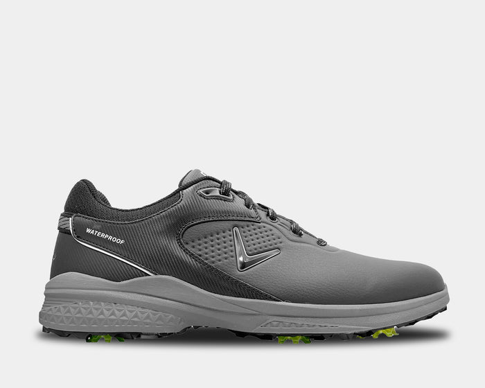 Callaway Solana TRX v3 golf shoes in gray with waterproof upper, breathable mesh panels, and spiked outsole, side view.