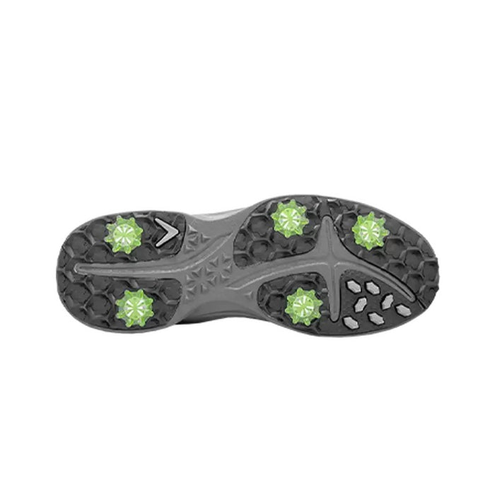 Callaway Solana TRX v3 golf shoes outsole featuring multi-directional grip pattern with green spiked cleats in black and gray.