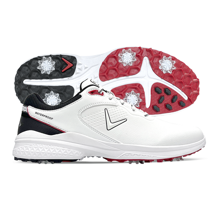 Callaway Solana TRX v3 golf shoes in white with black and red accents, featuring waterproof construction and spiked outsole, side view and sole view.