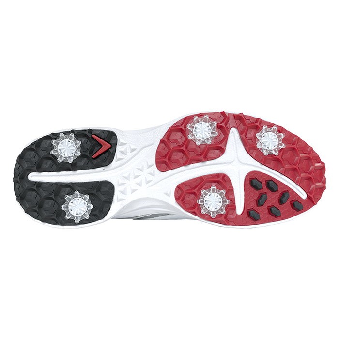 Callaway Solana TRX v3 golf shoes outsole with spiked configuration, white base, black and red traction zones, and hexagonal pattern.