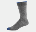 Darn Tough Solid Crew Light socks in gray with blue accents on toe and cuff, side view showing lightweight construction.