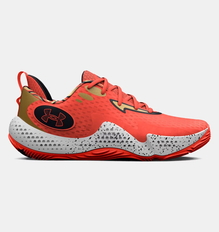 Under Armour Spawn 5 Let's 3 basketball shoes in bright red with gold accents, speckled white midsole, and textured outsole, side view.