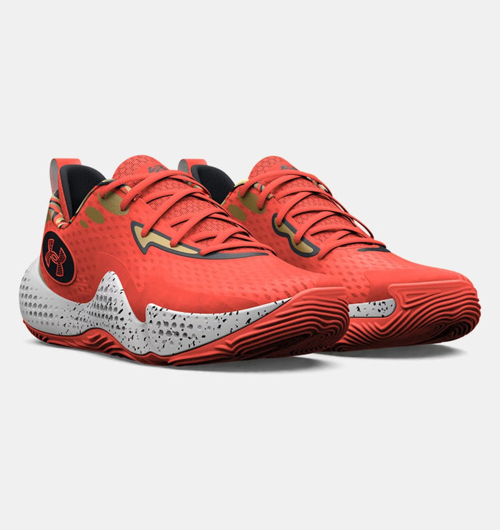 Under Armour Spawn 5 Let's 3 basketball shoes in bright red with gold accents, breathable mesh upper, and speckled foam midsole, front angled view.