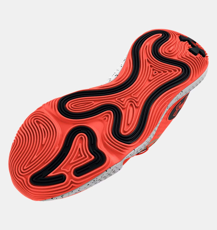 Under Armour Spawn 5 Let's 3 outsole with textured grooves and black accents on bright red rubber, bottom view.