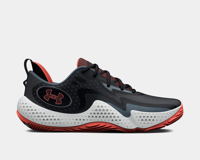 Under Armour Spawn 5 basketball shoes in black and red with perforated white midsole and textured outsole, side view.