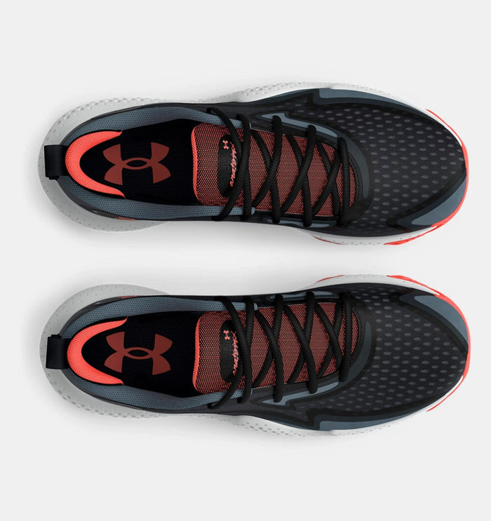 Under Armour Spawn 5 basketball shoes top view showing black mesh upper, red accents, lace-up design, and logo detailing.