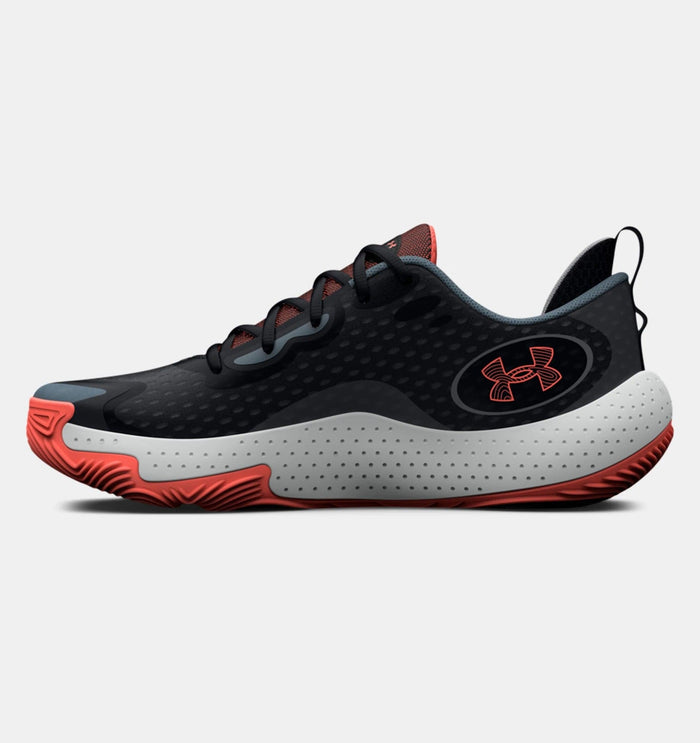 Under Armour Spawn 5 basketball shoes in black with perforated gray midsole and red accents, side profile view.