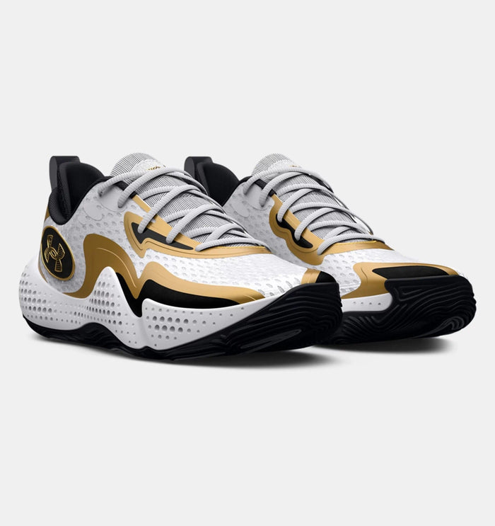 Under Armour Spawn 5 basketball shoes in white with gold and black accents, breathable mesh upper, and durable outsole, front angle view.