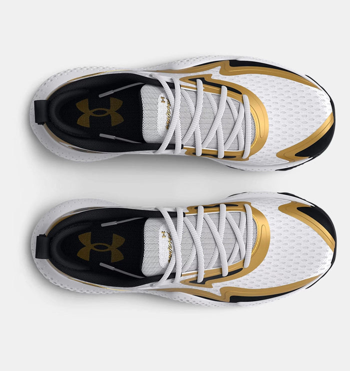 Under Armour Spawn 5 basketball shoes in white with gold and black accents, featuring a mesh upper and lace-up design, top view.