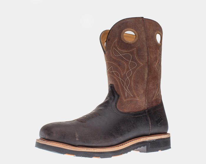 Hoss Spitfire Comp Toe Western Boot in brown and black leather with decorative stitching, side view.