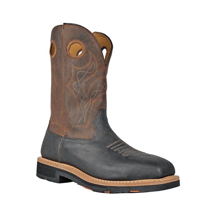 Hoss Spitfire Comp Toe Western Boot in brown and black with intricate stitching, pull handles, and durable outsole, side view.