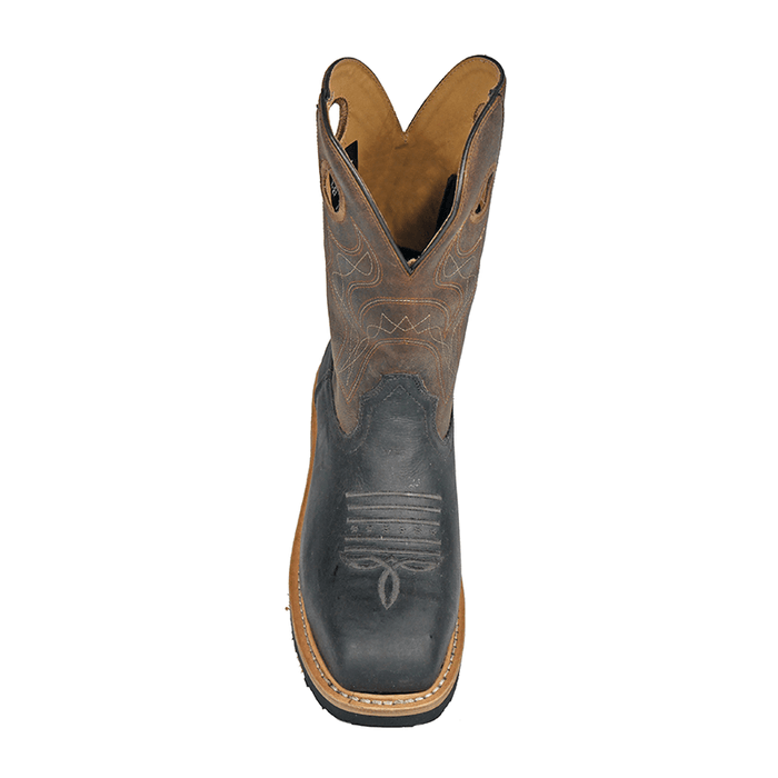Hoss Spitfire Comp Toe Western Boot in black and brown leather with stitched design and square toe, top view.