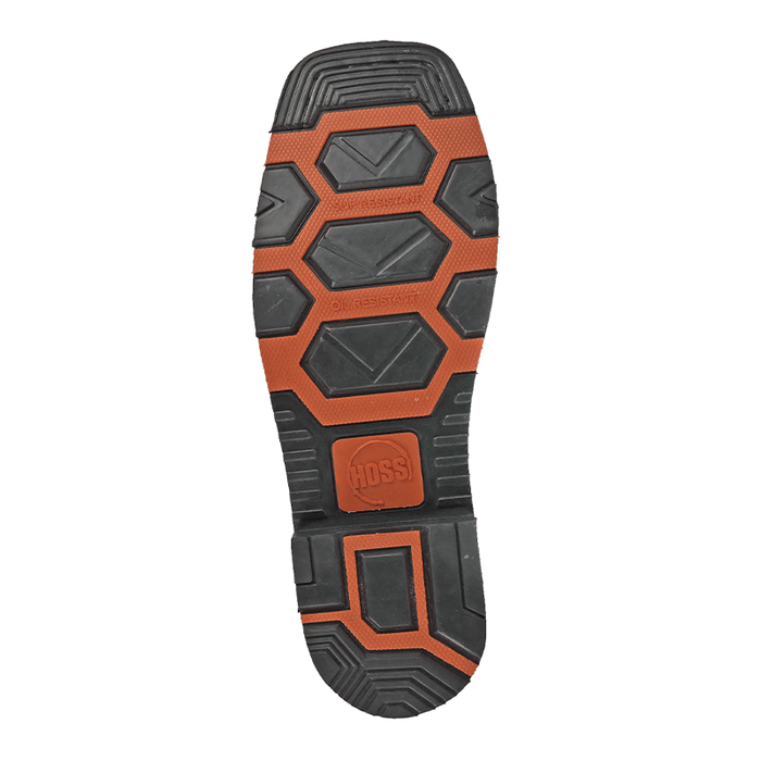 Hoss Spitfire Comp Toe Western Boot outsole showing oil-resistant rubber tread in black and orange, bottom view.