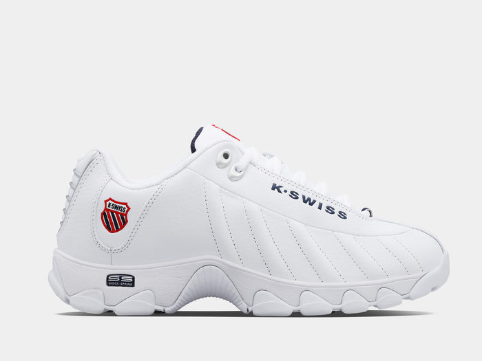 A white K-Swiss ST329 CMF sneaker with a leather upper, a rubber outsole, and a lace closure.