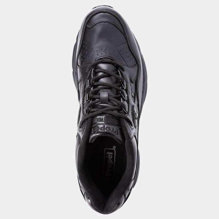 "Propét Stability Walker shoes in black leather with perforated details and padded collar, top view highlighting lace-up design."
