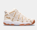Beige sneaker with brown accents on a light gray background