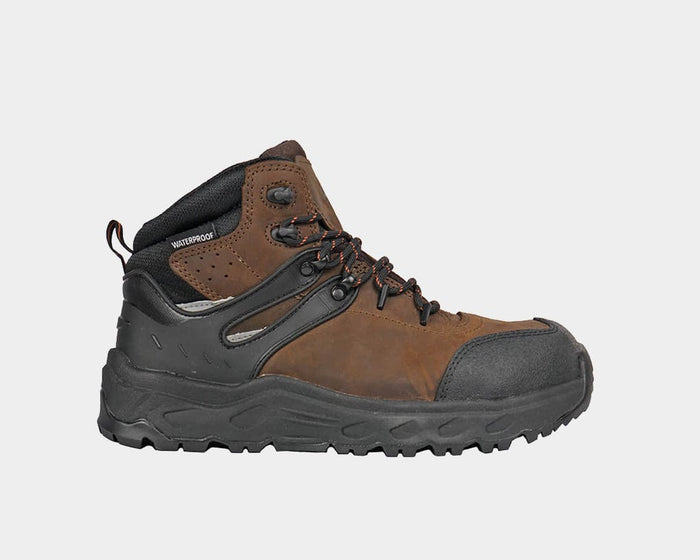 Hoss Stomp 6″ Waterproof Safety Toe work boots in brown leather with black accents, safety toe, rugged outsole, side view.