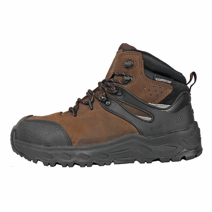 Hoss Stomp 6″ Waterproof Safety Toe work boots in brown leather with black durable accents, safety toe cap, and rugged outsole, side view.