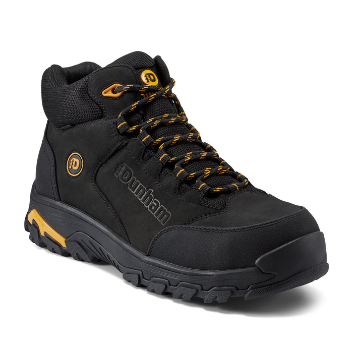 Dunham Stone Safety Toe Work Boot in black with durable leather upper, safety toe, yellow accents, and thick lug outsole, side angle view.