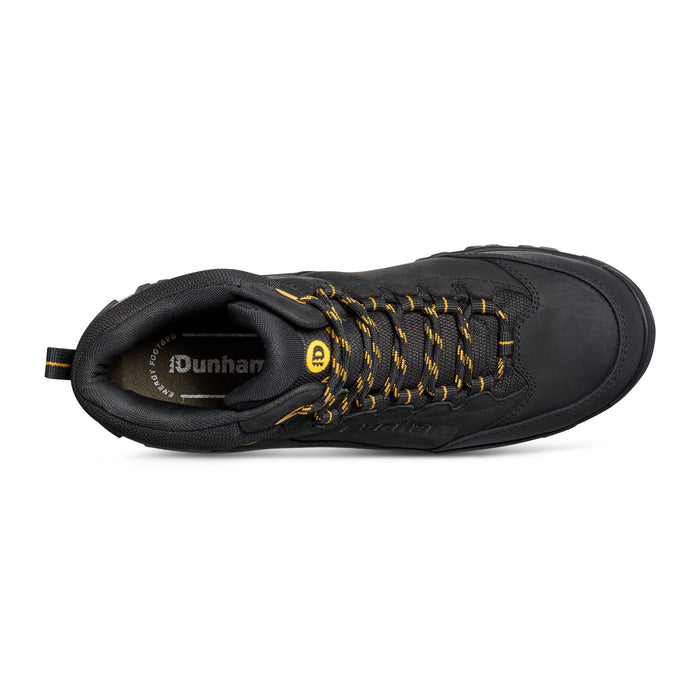 Dunham Stone Safety Toe Work Boot top view in black with yellow accents, featuring durable laces and padded collar.