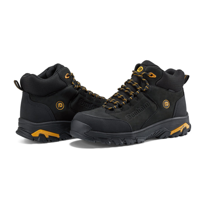 Dunham Stone Safety Toe Work Boot in black with yellow accents, durable leather upper, slip-resistant outsole, and lace-up closure, front side angle.