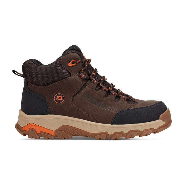 Dunham Stone Safety Toe Work Boot in brown with black accents, suede and mesh upper, orange stitching, and rugged rubber outsole, side view.