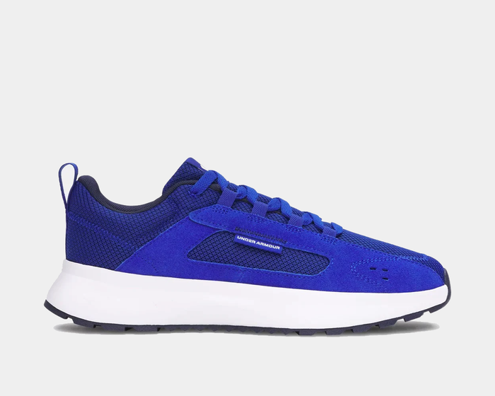 Under Armour Street Mirage sneakers in royal blue with mesh upper, suede overlays, and white midsole, side profile view.