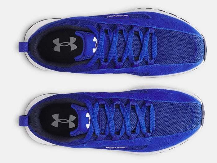 Under Armour Street Mirage running shoes in vibrant blue with breathable mesh upper and lace-up closure, top view.