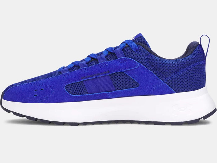 Under Armour Street Mirage shoes in vibrant blue with a mesh and suede upper, white midsole, and pull tab, side view.