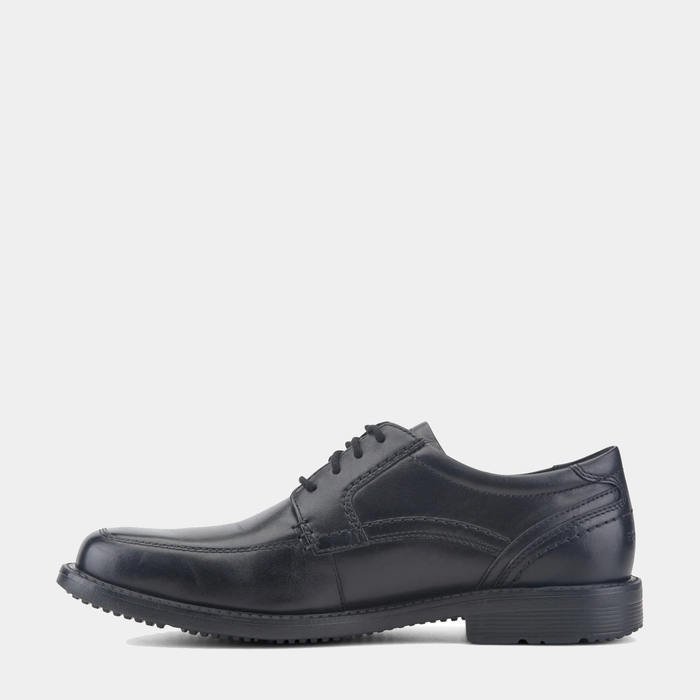 Rockport Style Leader 2 Apron Toe dress shoes in black leather with lace-up design and apron toe styling, side view.